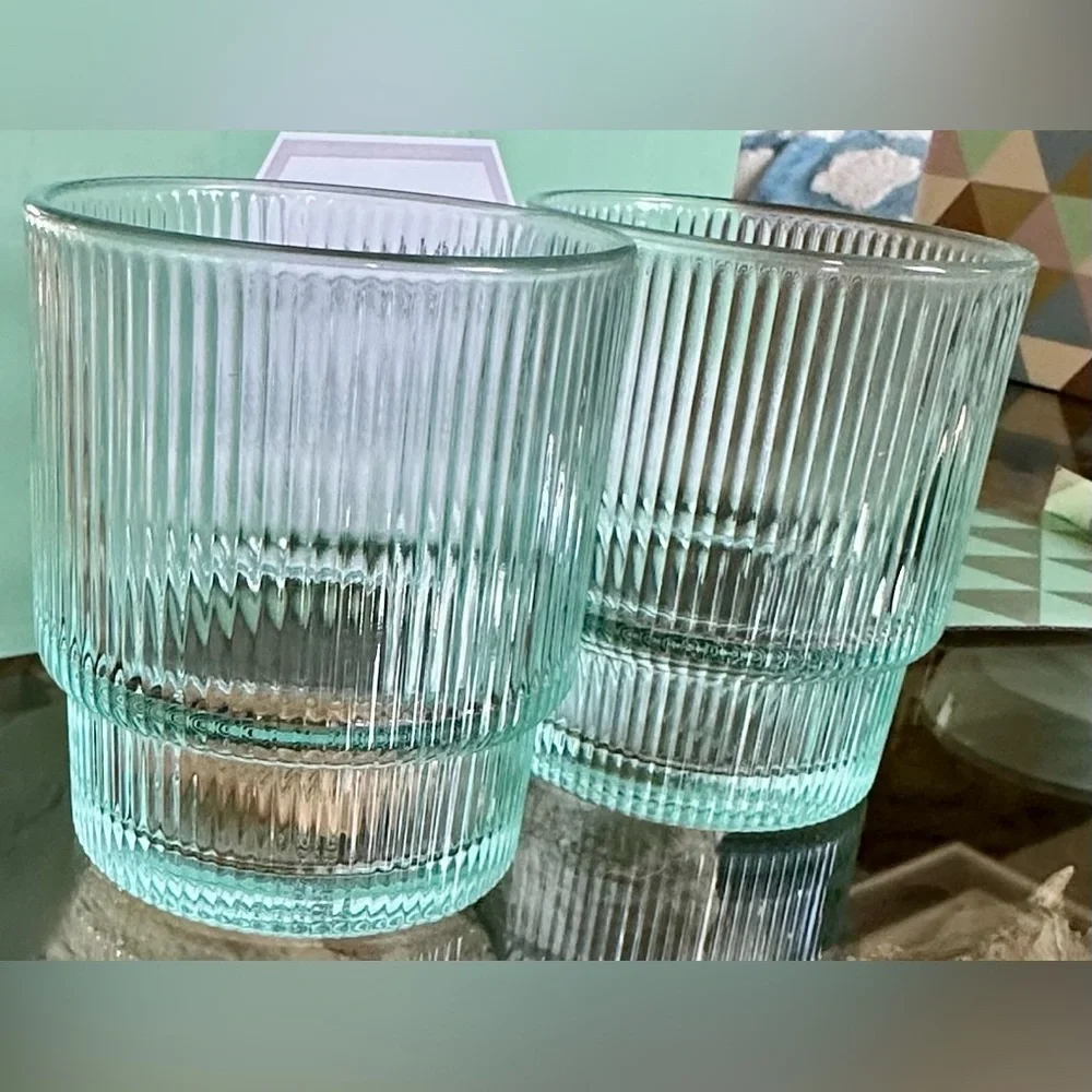 Jonathan Adler BIBA Ribbed Glassware Set of 2 NWT 13oz Aquamarine Glasses $98